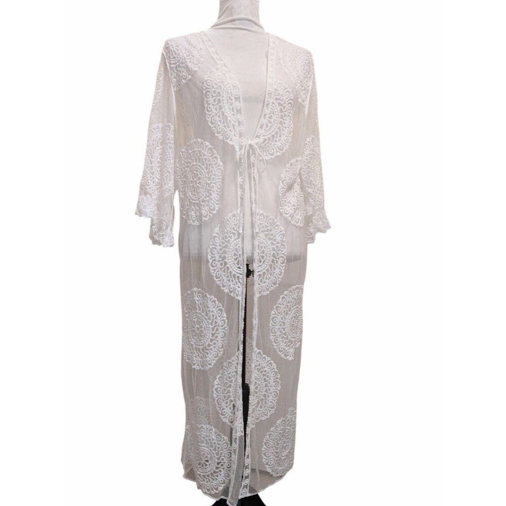 White Lace Long Kimono Robe Duster Women Swim Cover, Layer Coquette Sheer OS